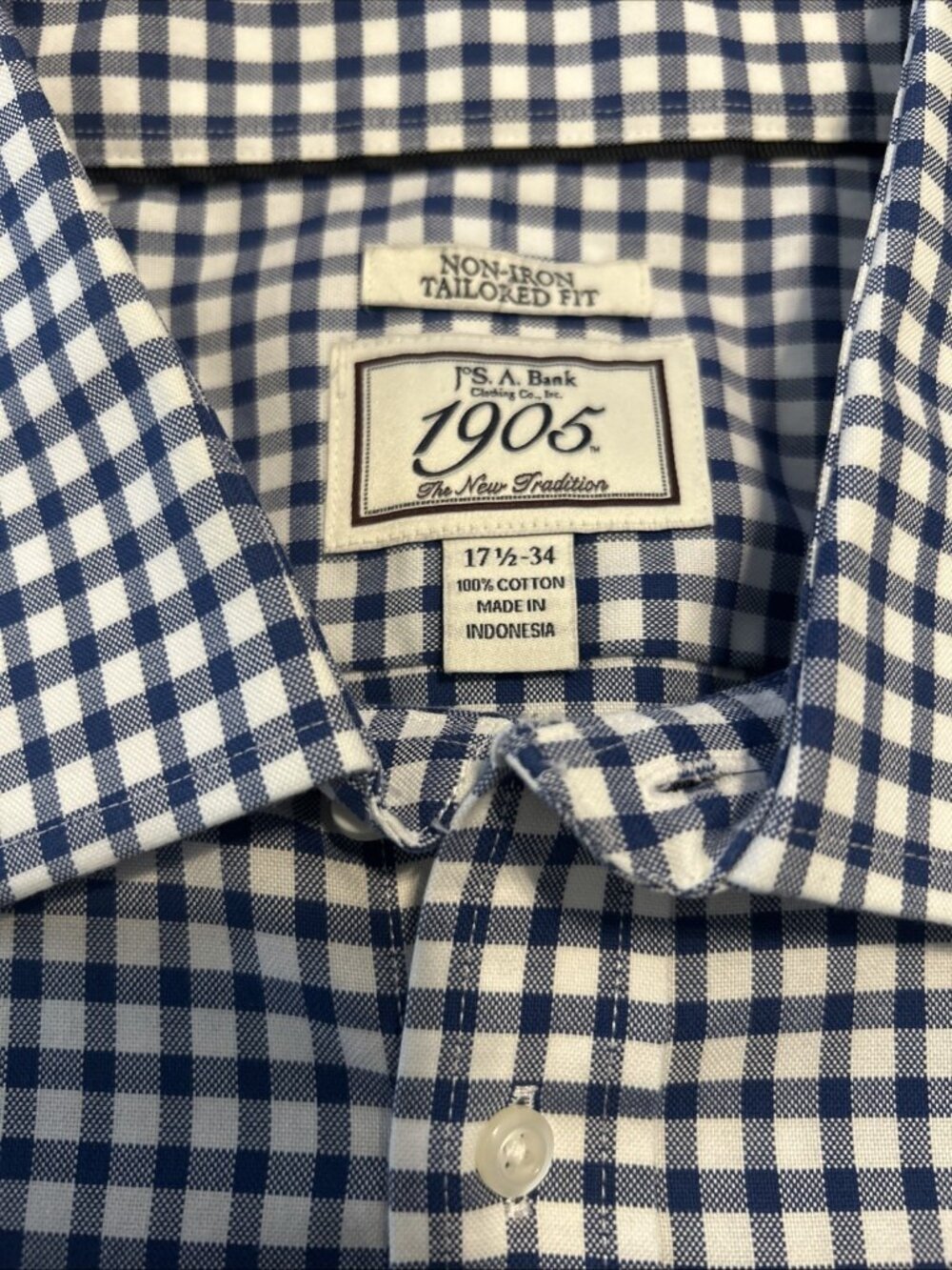 Jos A Bank 1905 Shirt Mens 17.5 34 Blue Gingham Cotton Tailored Fit Long Sleeve